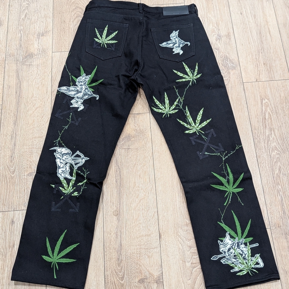 $2840 Mens OFF-WHITE Leaf Embroidered Logo Skate Fit Jeans Black 32 - Picture 5 of 12
